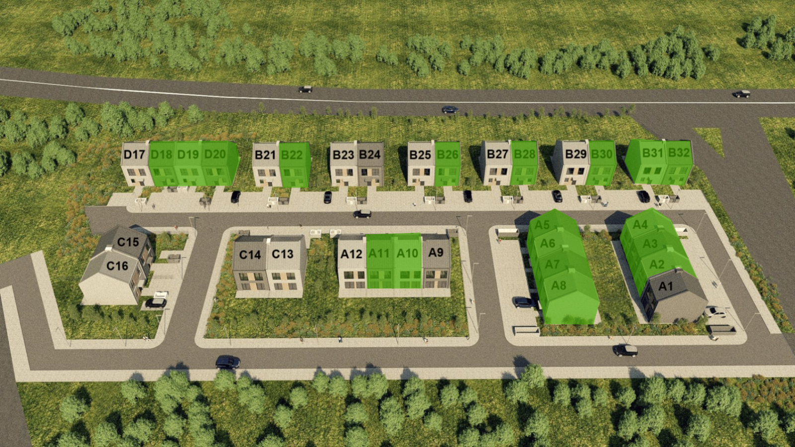 Plan osiedla — znaczniki pokazują status każdego z domów