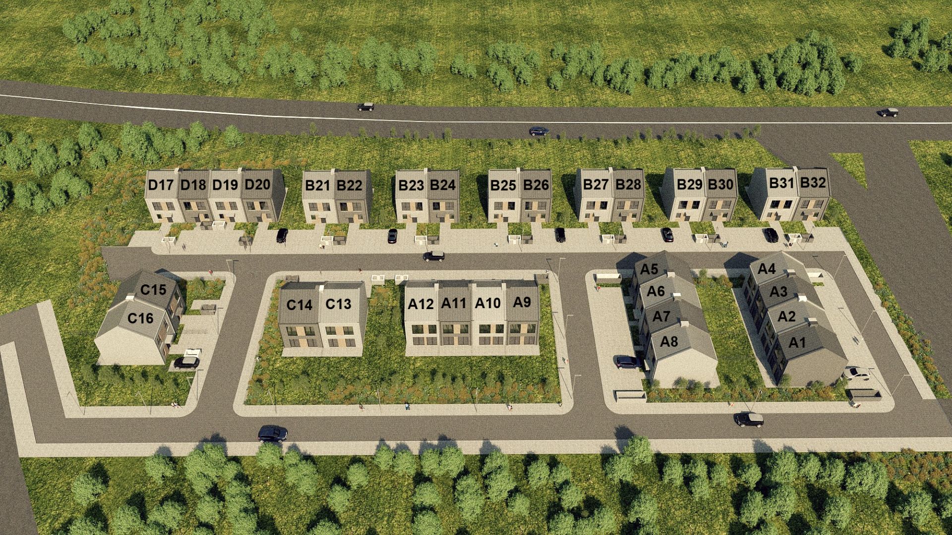 Plan osiedla domów jednorodzinnych z lotu ptaka, z numerami domów
